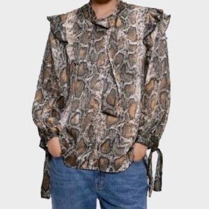 Zara Snakeskin High Neck, Long Sleeve, Ruffle Blouse, Ties @ Wrist, Size Medium